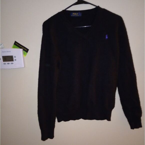 🆕🏇VTG Polo Ralph Lauren 100% Merino Wool Sweater Black V-Neck Purple Pony - XL - Picture 1 of 5